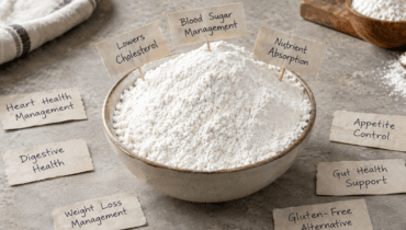 Guar gum health benefits shown with bowl of white guar gum powder surrounded by labels for heart health, blood sugar, digestion, and weight loss management.