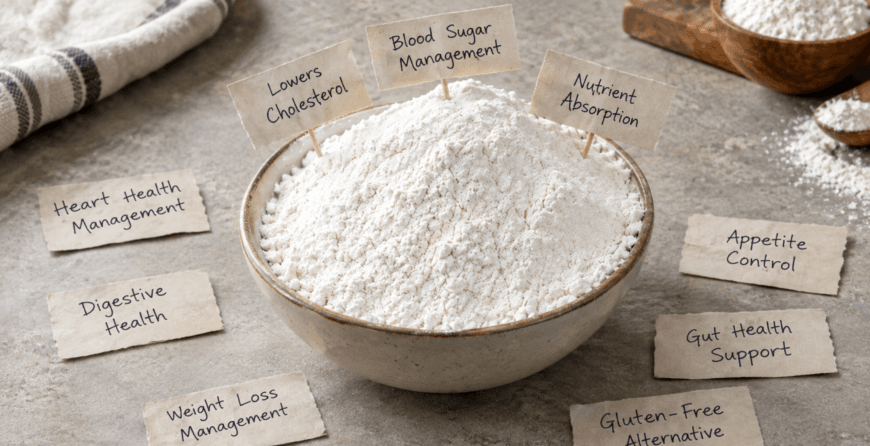 Guar gum health benefits shown with bowl of white guar gum powder surrounded by labels for heart health, blood sugar, digestion, and weight loss management.