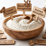 Guar gum health benefits shown with food-grade guar gum powder (E412), including digestive health, blood sugar management, heart health, weight management, appetite control, nutrient absorption, gut health support, and gluten-free food applications.