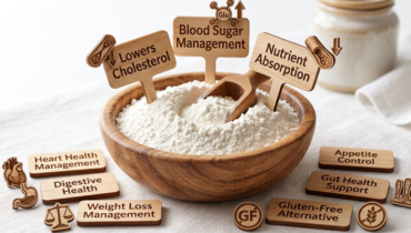 Guar gum health benefits shown with food-grade guar gum powder (E412), including digestive health, blood sugar management, heart health, weight management, appetite control, nutrient absorption, gut health support, and gluten-free food applications.