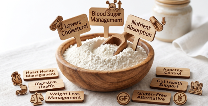 Guar gum health benefits shown with food-grade guar gum powder (E412), including digestive health, blood sugar management, heart health, weight management, appetite control, nutrient absorption, gut health support, and gluten-free food applications.