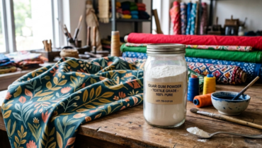 Guar gum for textiles showcasing premium guar gum powder and textiles in the background