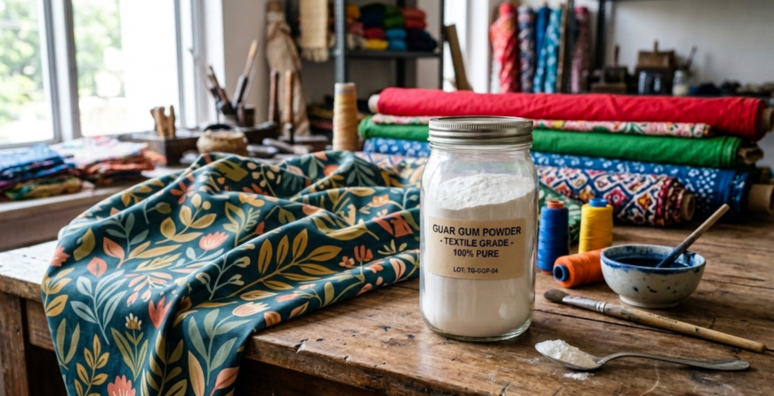 Guar gum for textiles showcasing premium guar gum powder and textiles in the background