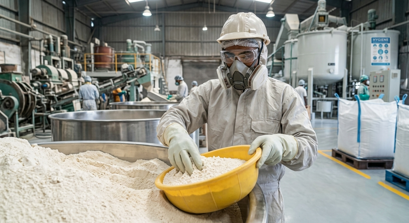 Industrial grade guar gum powder manufacturer conducting quality inspection of textile grade guar gum powder for textile printing and fabric processing applications.