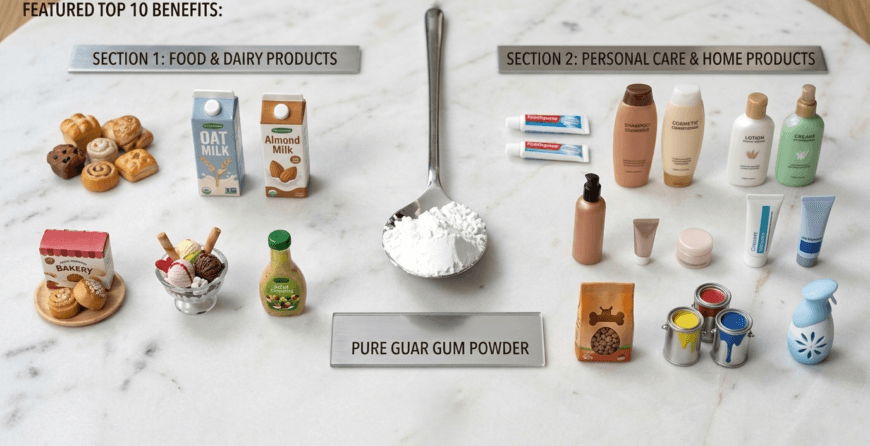 Guar Gum Powder Benefits image showing food and non-food applications