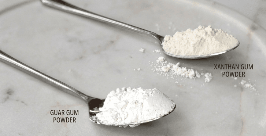 Guar gum vs xanthan gum powders shown side by side for comparison