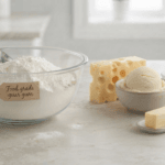 Food-grade guar gum powder in a glass bowl with spoon, placed beside cheese blocks, ice cream scoop, butter stick, cottage cheese cubes, and yogurt cup — representing guar gum in dairy products.