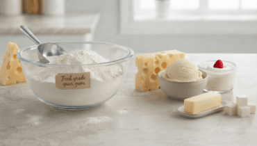 Food-grade guar gum powder in a glass bowl with spoon, placed beside cheese blocks, ice cream scoop, butter stick, cottage cheese cubes, and yogurt cup — representing guar gum in dairy products.