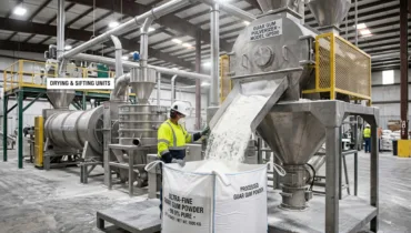 Guar gum supplier manufacturing plant showing in-depth guar gum process such as guar gum pulverizer, drying and sifting units, etc.