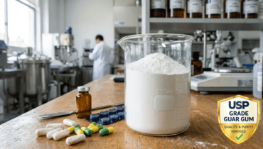 USP Grade Guar Gum Powder showing medicines and pharmaceutical laboratory, meeting USP quality standards