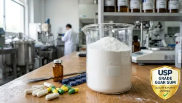 USP Grade Guar Gum Powder showing medicines and pharmaceutical laboratory, meeting USP quality standards