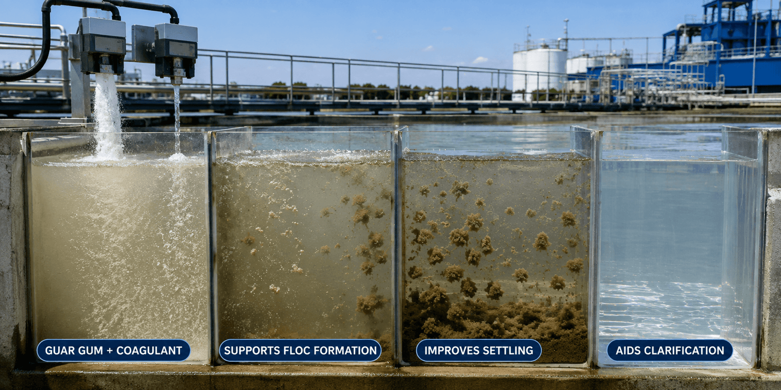 Industrial water treatment facility demonstrating the water purification process using guar gum powder and coagulants. The image shows a water treatment process step by step, beginning with turbid raw water, followed by floc formation, improved settling of suspended solids, and final water clarification. Transparent treatment chambers illustrate how water treatment chemicals and wastewater treatment chemicals support flocculation, sedimentation, and cleaner water production.